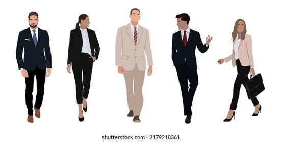 Set of business characters in office formal outfits. Business team concept. Different business men and women walking and talking together.  Cartoon style realistic vector illustrations isolated.