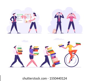 Set of Business Characters Overloaded with Work Carry Huge Piles of Folders. Vision and Forecast Concept People Watching to Binoculars. Insurance Policy Signing Paper. Cartoon Flat Vector Illustration