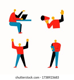 Conjunto de personajes de negocios, gente de negocios estilo plano vectorial, 4 personas en diferentes posiciones aisladas