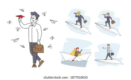 Poner los personajes de negocios en el barco de papel de vela, volando en el avión de papel. El hombre y la mujer en el riesgo oceánico y aéreo, la búsqueda de soluciones, el logro de los objetivos y el concepto de liderazgo. Ilustración de vectores de personas lineales