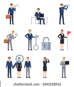 Set of business characters showing different search actions. Businessman holding spyglass, laptop, big magnifier over group of business people. Flat style vector illustration