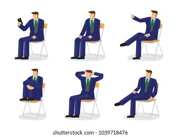 Set of business characters in six sitting positions. Vector illustration design.