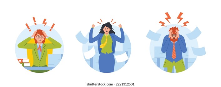 Set of Business Characters Stressed with Urgent Work Isolated Round Icons or Avatars. Businesswoman and Businessman with Huge Piles of Paper Documents, Deadline. Cartoon People Vector Illustration