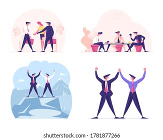 Set of Business Characters Teamwork Cooperation, Colleagues Holding Hands on Mountain Top. People Working on Project in Office. Partnership, Best Team Employees Concept. Cartoon Vector Illustration