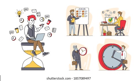 Set of Business Characters Time Management Concept, People with Huge Alarm and Hour Clock, Business Working Process Organization, Lack of Time, Work Productivity, Deadline. Linear Vector Illustration
