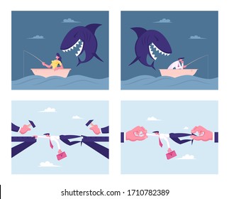 Set of Business Characters Unexpected Difficulties, Crisis. Man Stretched like Bridge, Hands Hit with Hammers. People Fishing in Ocean, Huge Shark Prepare to Attack. Cartoon Vector Illustration