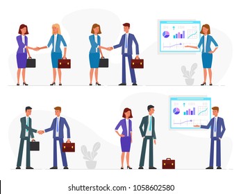 Set of business characters working in office. People with a handshake. Infographics presentation