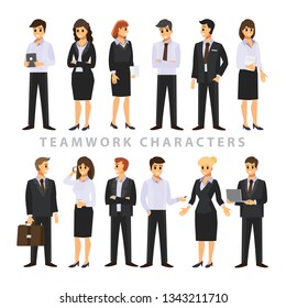 Set of business characters working in office in various poses. Business People teamwork. Vector illustration in cartoon style