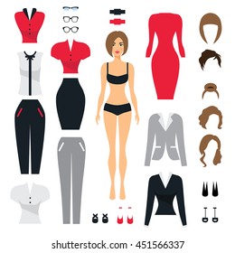 Set of business clothes for women. Woman in office . Flat Vector Illustration.