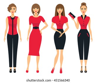 Set of business clothes for women. Woman in office . Flat Vector Illustration.