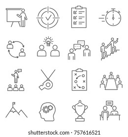 Set of business coaching Related Vector Line Icons. Includes such Icons as training, teacher, marketing, strategy, business, lecture, meeting, presentation and etc.