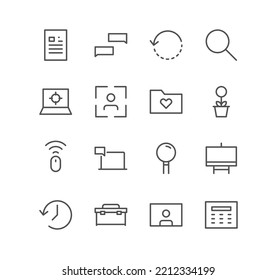 Set of business and communication icons, mouse, folder, growth, online, message, magnifying glass, calculator and linear variety vectors.
