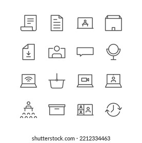 Set of business and communication icons, paper, chat bubble, time, download, presentation, document and linear variety vectors.
