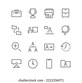 Set of business and communication icons, search, meeting, presentation, phone, time, and linear variety vectors.

