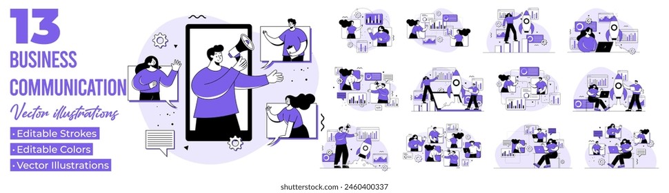 Set of business communication scenes flat illustrations, Customer support, hotline, business meeting
