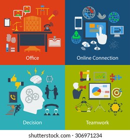 Set of Business, Communication, Teamwork  Designs in Flat Style. Infographics With Business, Office, Teamwork, Conference, Start Up and Communication  Theme. Vector Illustration.  