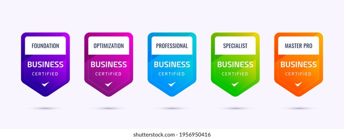 Conjunto de certificaciones de insignias de formación de empresas comerciales para determinar en base a criterios coloridos. Diseño de logotipo con certificación de la ilustración vectorial.