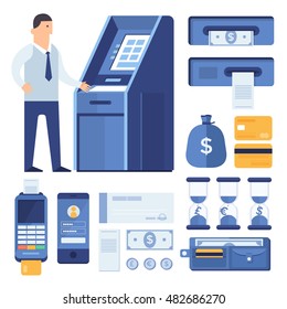 A set of business components and elements of the financial process: men with the ATM, plastic card, bill, coins, check, wallet, phone, terminal, an hourglass, a bag of money.