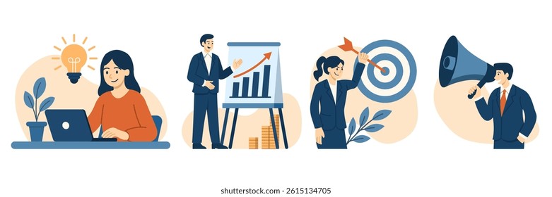 set of business concept, Characters have an idea, presents rising graph, set target, planning marketing strategy.  flat illustration vector in blue yellow and orange isolated on white background.