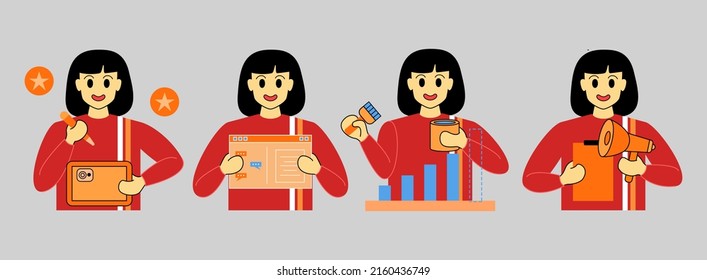 Set Business Concept illustrations. Collection of business situations with women taking part in business activities. Modern trendy concepts for web sites and mobile web sites. Vector illustration