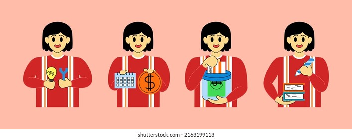 Set Business Concept illustrations. Collection of scenes with woman taking part in business activities. Vector illustration