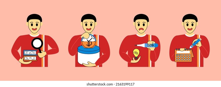 Establecer ilustraciones de Business Concept. Colección de escenas con un hombre participando en actividades de negocios. Ilustración del vector