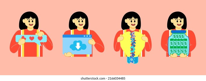Establecer ilustraciones de Business Concept. Colección de escenas con mujeres participando en actividades de negocios. Ilustración del vector