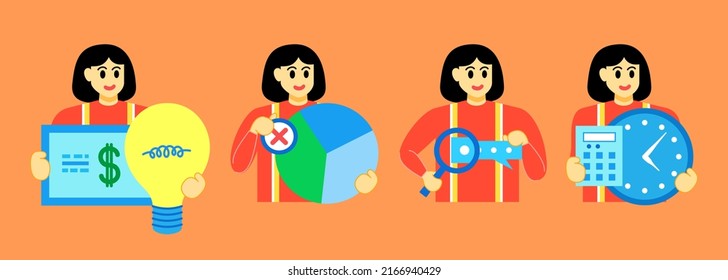 Set Business Concept illustrations. Collection of scenes with woman taking part in business activities. Vector illustration