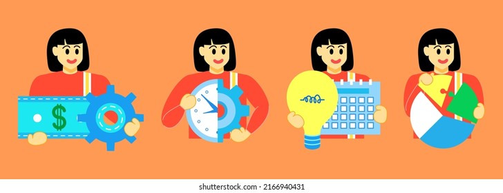 Set Business Concept illustrations. Collection of scenes with woman taking part in business activities. Vector illustration
