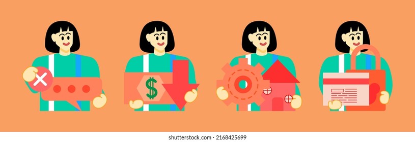 Set Business Concept illustrations. Collection of scenes with woman taking part in business activities. Vector illustration