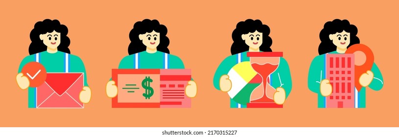 Legen Sie Illustrationen zum Geschäftskonzept fest. Kollektion von Szenen mit Frauen, die an geschäftlichen Aktivitäten teilnehmen. Vektorgrafik