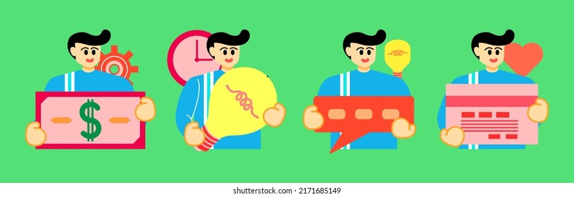 Set Business Concept illustrations. Collection of scenes with man taking part in business activities. Vector illustration