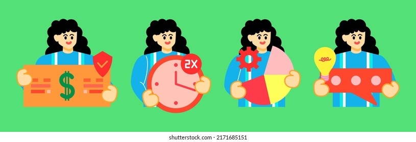 Establecer ilustraciones de Business Concept. Colección de escenas con mujeres participando en actividades de negocios. Ilustración del vector