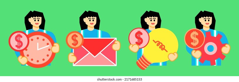 Set Business Concept illustrations. Collection of scenes with woman taking part in business activities. Vector illustration