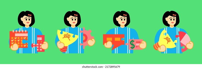 Set Business Concept illustrations. Collection of scenes with woman taking part in business activities. Vector illustration