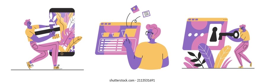 Establecer con ilustraciones de Business Concept. Escenas con mujeres participando en actividades empresariales. Realización de nuevo inicio, trabajo con información, protección de datos. Estilo plano en ilustración vectorial.