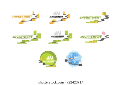 Set business concept on theme finance. Growing finances coins, banknote, bank and transport on the road with a logo and world map. Flat vector illustration EPS 10
