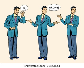 set business concept presentation and show. Businessman hand gestures. Retro style pop art