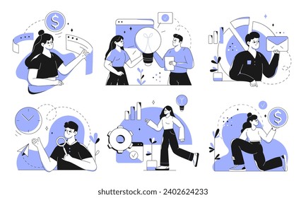 Conjunto de escenas de concepto de negocio con personajes. Hombres y mujeres que participan en reuniones y actividades empresariales, ganando dinero, analizando datos, desarrollando negocios. Ilustración vectorial en estilo plano.