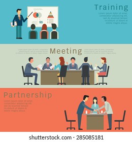 Set of business concept, training, meeting, agreement or partnership. Character of businesspeople, group, diverse, multi-ethnic. Simple and flat design.