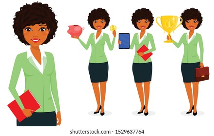 Set. Business concept. Young black girl businessman standing with a tablet computer, Cup, piggy Bank. Office work. Business and Finance. Flat style on white background. Cartoon.