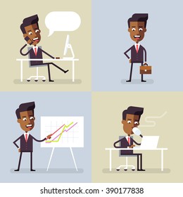 Set of business concepts with black men in formal suits. Office situations. Stock vector illustration in flat design.