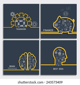 Set of business concepts - brainstorming, teamwork, idea, finance, vector illustration.