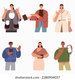 Set of business concepts.  Collection of scenes with men and women at business events.  Characters of different nationalities, ages and builds in office outfits.  Vector illustration in cartoon style