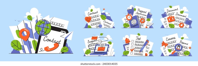 Conjunto de conceptos empresariales como documentos contractuales o acuerdos jurídicos, formulario de solicitud de pasaporte, documentos jurídicos, correo electrónico, informe de cuestionario o lista de comprobación, contactos de la oficina de la empresa, contratación