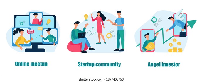 A Set Of Business Concepts And Metaphors. Online Meetup, Startup Community, Angel Investor. Teamwork, Business Development. Flat Cartoon Vector Illustration.