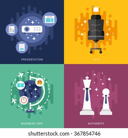 Set of Business Concepts. Presentation, VIP, Business Trip, Authority. Vector Illustration in Flat Design Style