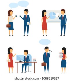 A set of business concepts and situations. In a simple style. Communication in the workplace. Flat style on white background.