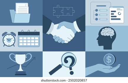 Set of business concepts, Business symbol presentation, Goal management, Planning for growth and success, Support or problem solving, Vector design illustration for social media, web banner.