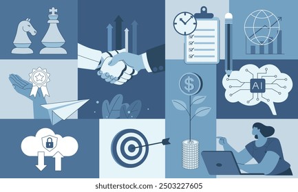 Set of business concepts, Business symbol presentation, Strategic planning, Collaboration for growth and success, Cloud technology and innovation, Vector illustration for social media, web banner.